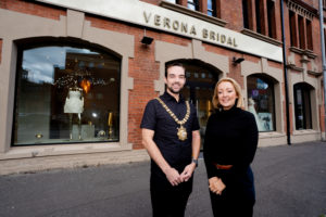 Lord Mayor of Belfast Councillor Micky Murray is pictured with Marie-Therese Hickey, Verona Bridal