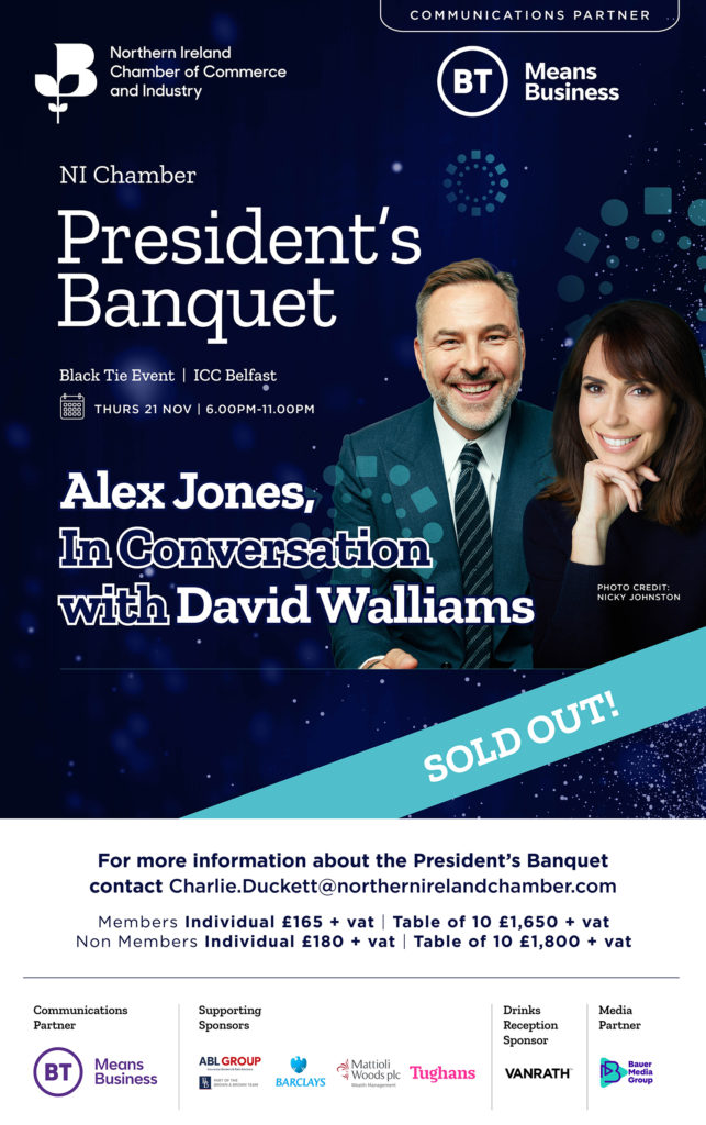 NI Chamber's President's Banquet 2024: Alex Jones In Conversation with David Walliams. NI Events.